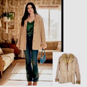 Tan leather Jacket or coat with faux fur collar size XL penny lane trendy style